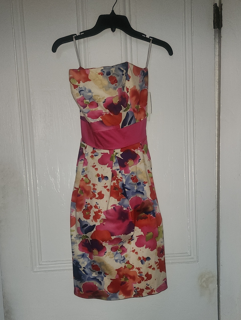 Strapless Floral Dress with Pink Waistband
